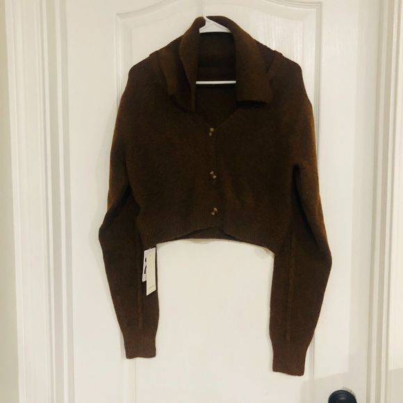 Commense Women's Cropped Cardigan Collared Sweater Long Sleeve Brown Size XL - Picture 2 of 9
